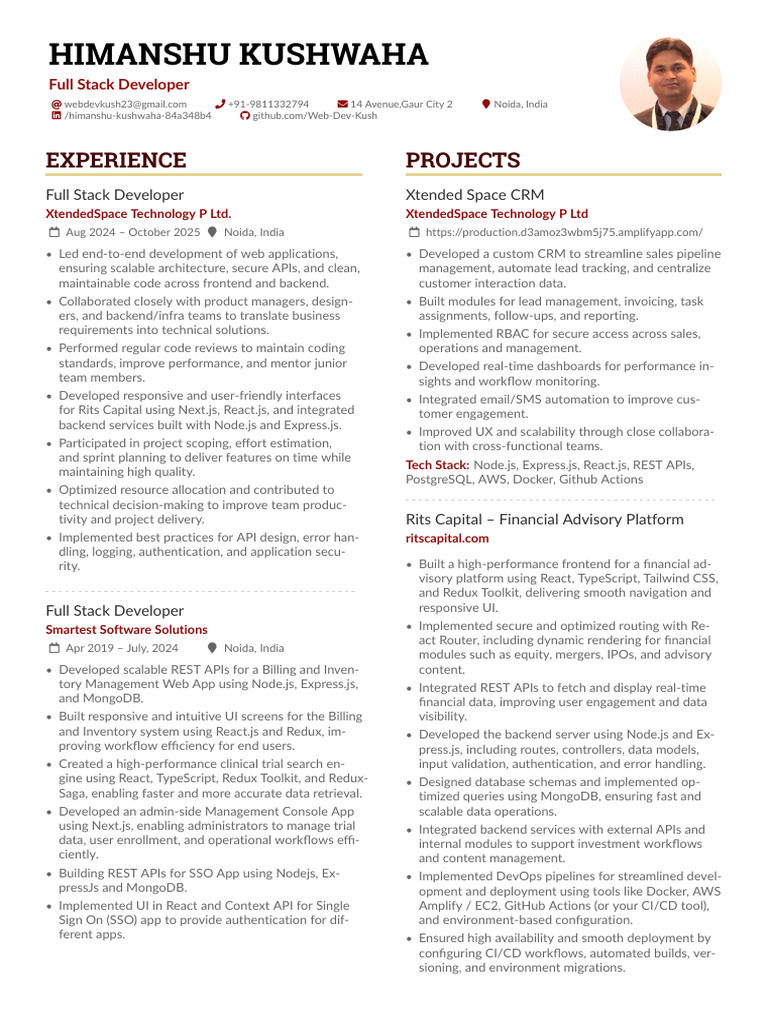 Full Stack Developer Resume - Himanshu Kushwaha | PDF | Postgre Sql ...