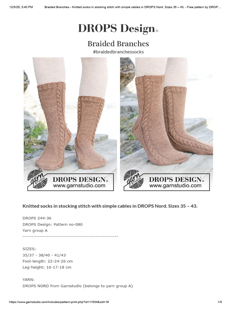 Braided Branches Knitted Socks Pattern | PDF | Knitting | Knitting Needle