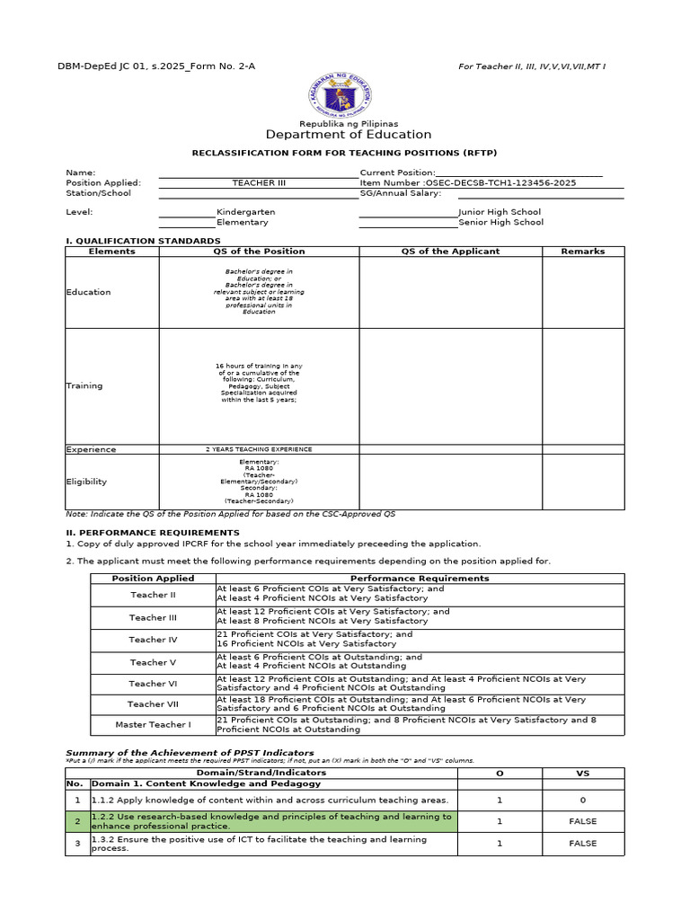 Teacher III Reclassification Form 2025 | PDF | Educational Assessment ...