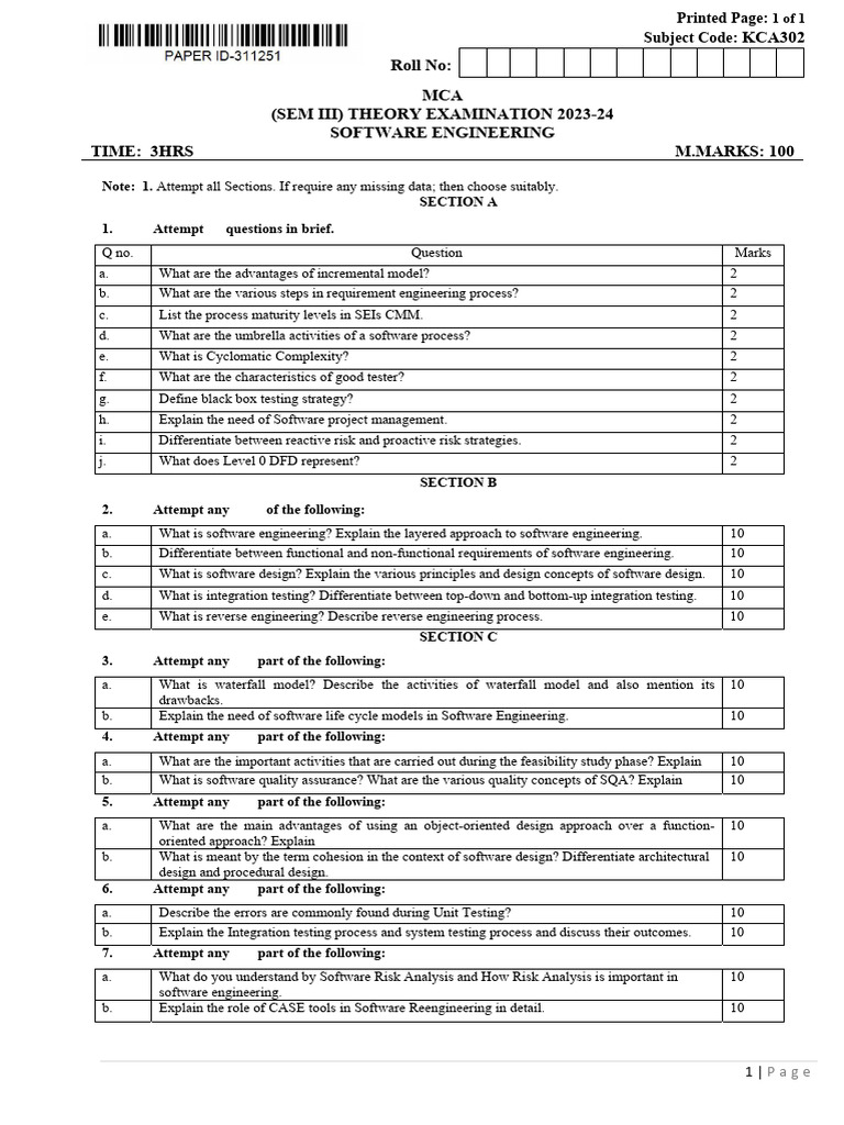 Mca 3 Sem Software Engineering Kca302 Mar 2024 | PDF | Software ...