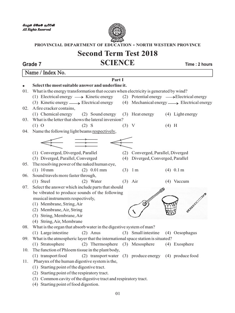 Grade 07 Science 2nd Term Test Paper 2018 English Medium – North ...