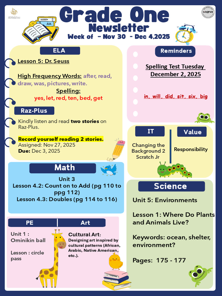 Grade One Newsletter: Nov 30 - Dec 4, 2025 | PDF
