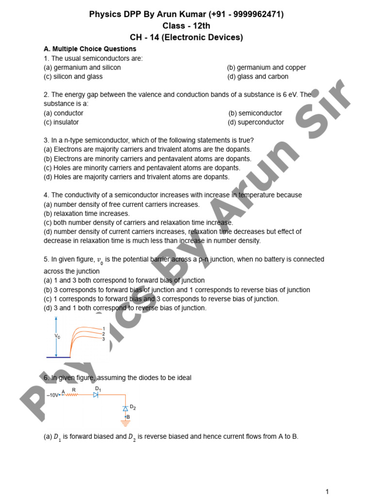 Class 12 Physics: Electronic Devices MCQs | PDF | P–N Junction | Diode