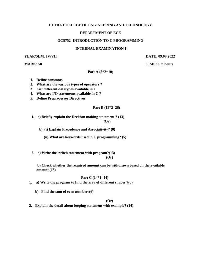 C Programming Internal Exam Questions | PDF
