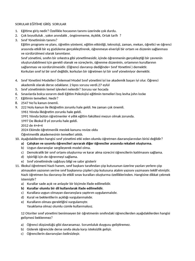 Sorular Eği̇ti̇me Gi̇ri̇ş Sorular Guojup | PDF
