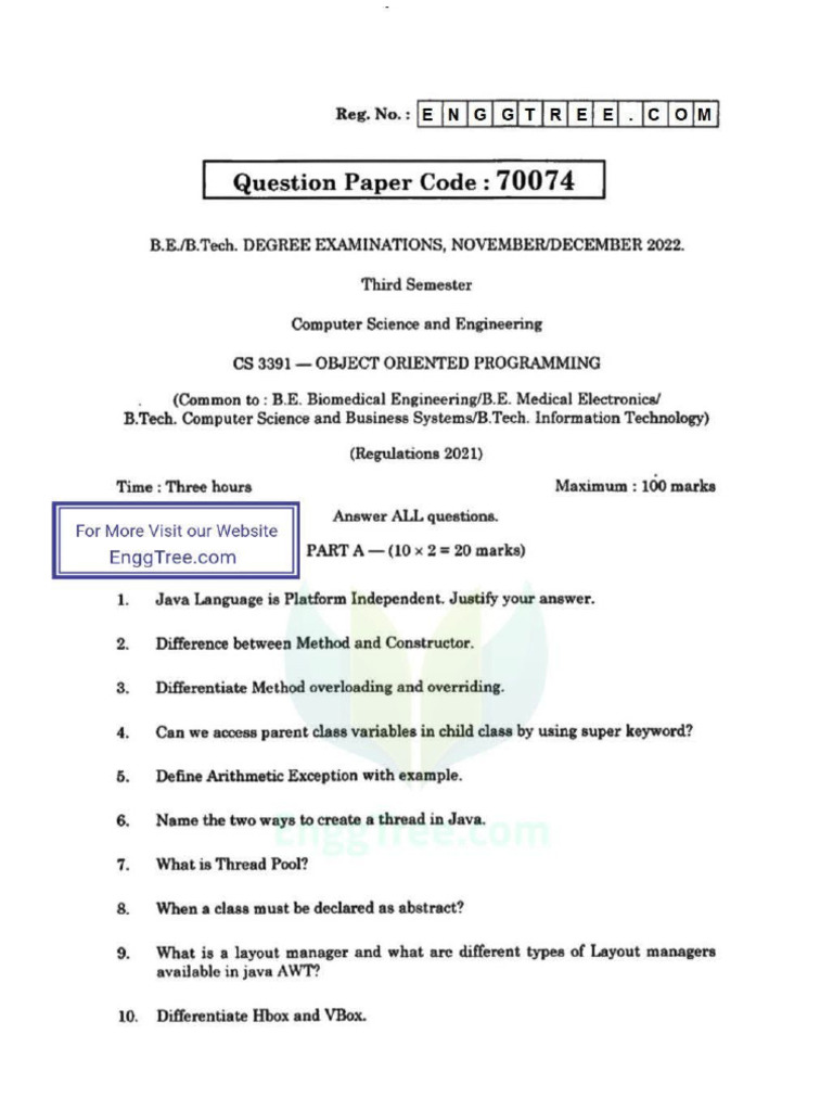 Cs3391 Oops Anna University QP | PDF