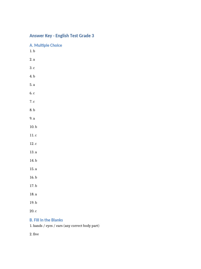 English Test Grade3 AnswerKey | PDF