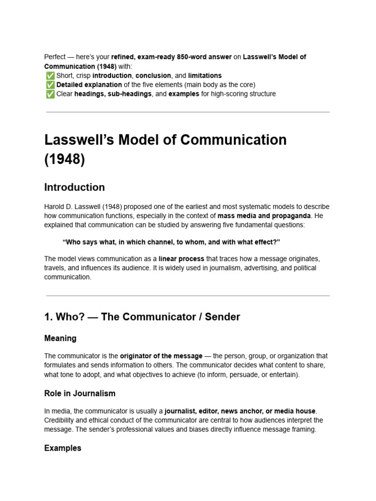 Lasswell's Communication Model Explained | PDF | Journalism | Mass Media