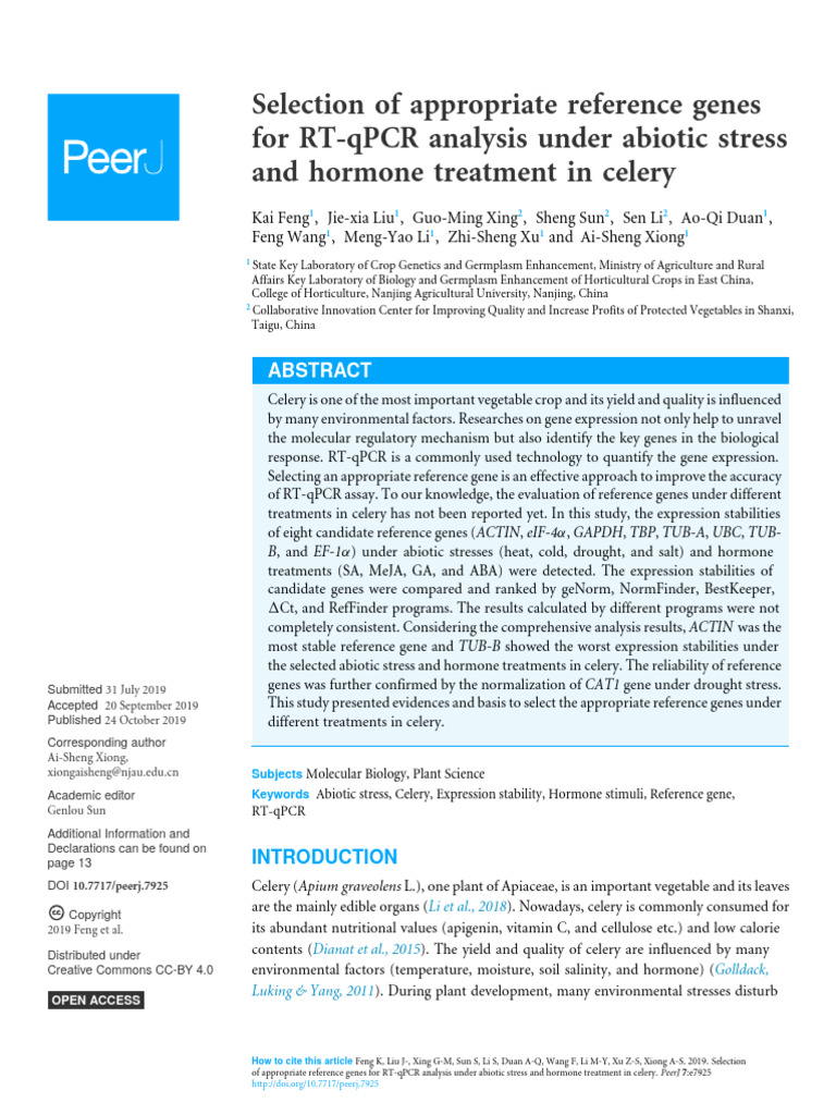 Celery Houskeepings For QPCR (Feng Et Al, 2019) | PDF | Real Time ...
