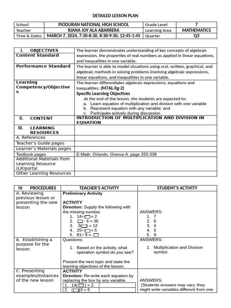 Grade 7 Algebra Lesson Plan | PDF | Equations | Variable (Mathematics)