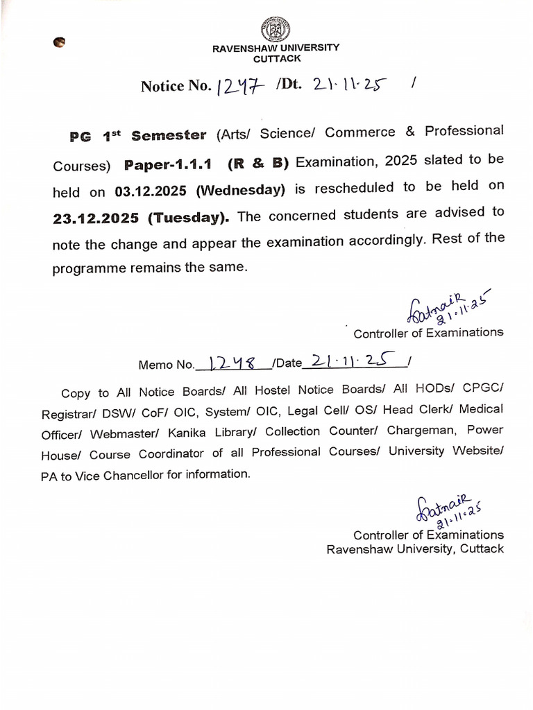 Reschedule of PG 1st Semester Paper-1.1.1 Examination 2025 | PDF