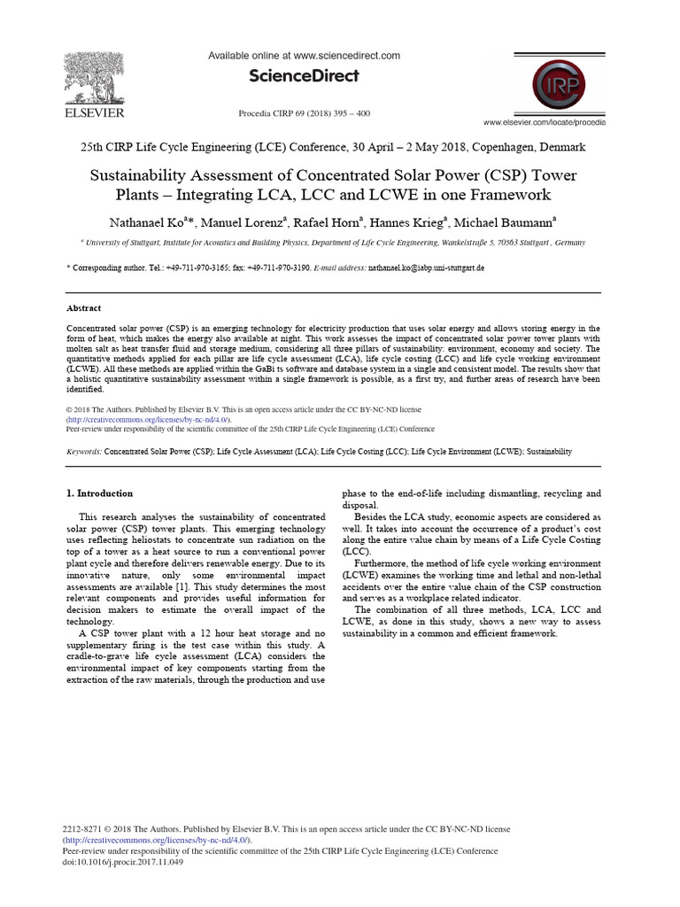 Lca, LCC, Lcwe of CSP, Germany, 2018 | PDF | Life Cycle Assessment ...