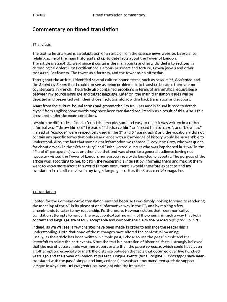 Timed Translation Commentary on Tower of London | PDF | Grammatical ...