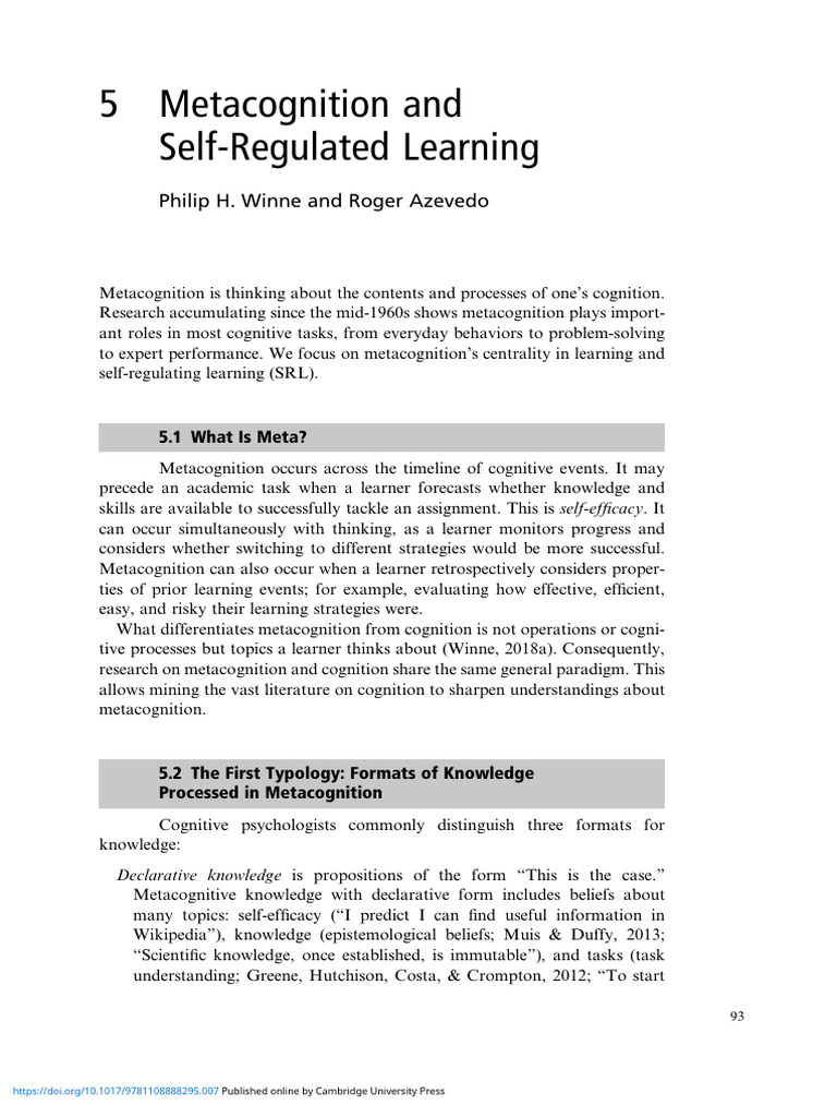 Metacognition in Self-Regulated Learning | PDF | Metacognition | Learning