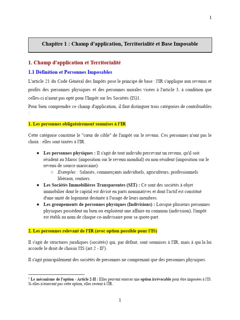 Impôt sur le Revenu : Champ et Base Imposable | PDF | Impôt sur le ...