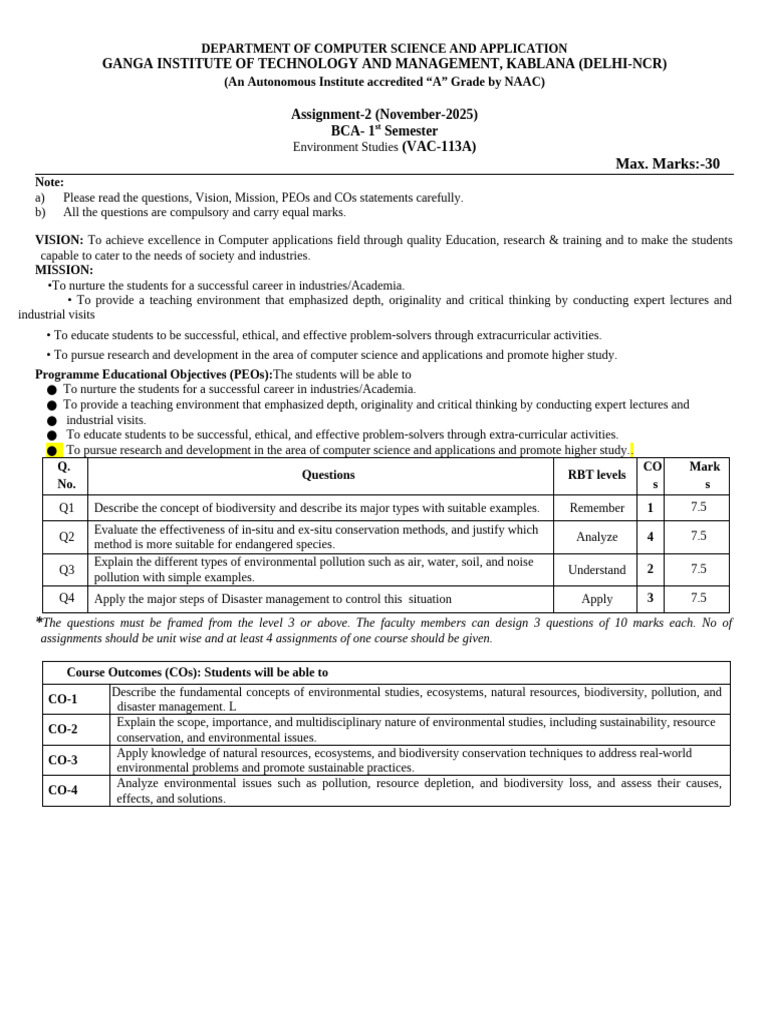 BCA 1st Sem Environment Studies Assignment | PDF | Sustainability ...