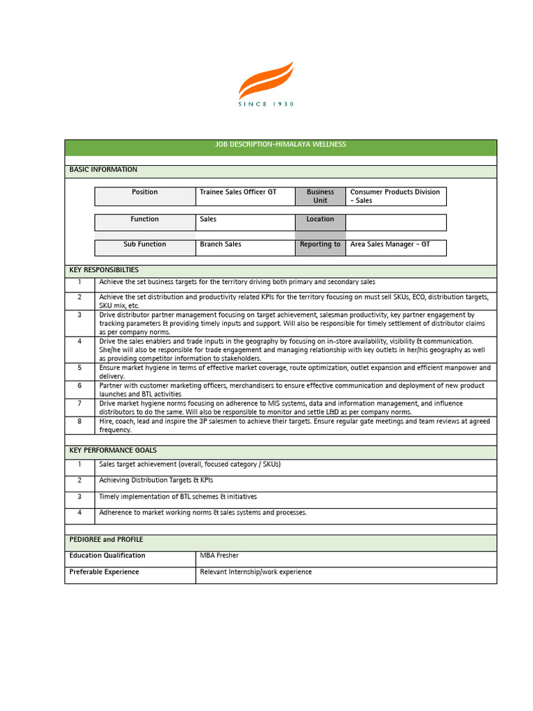 Trainee Sales Officer Job Description | PDF | Sales | Performance Indicator