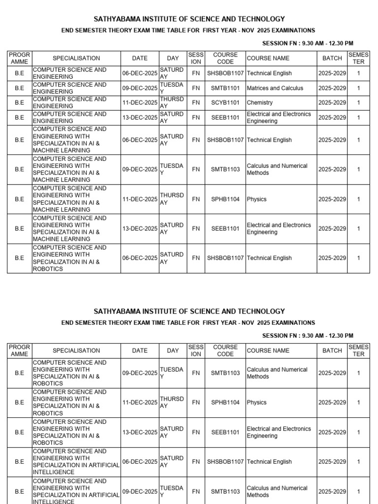 2025 End Semester Exam Timetable | PDF | Science | Computer Science