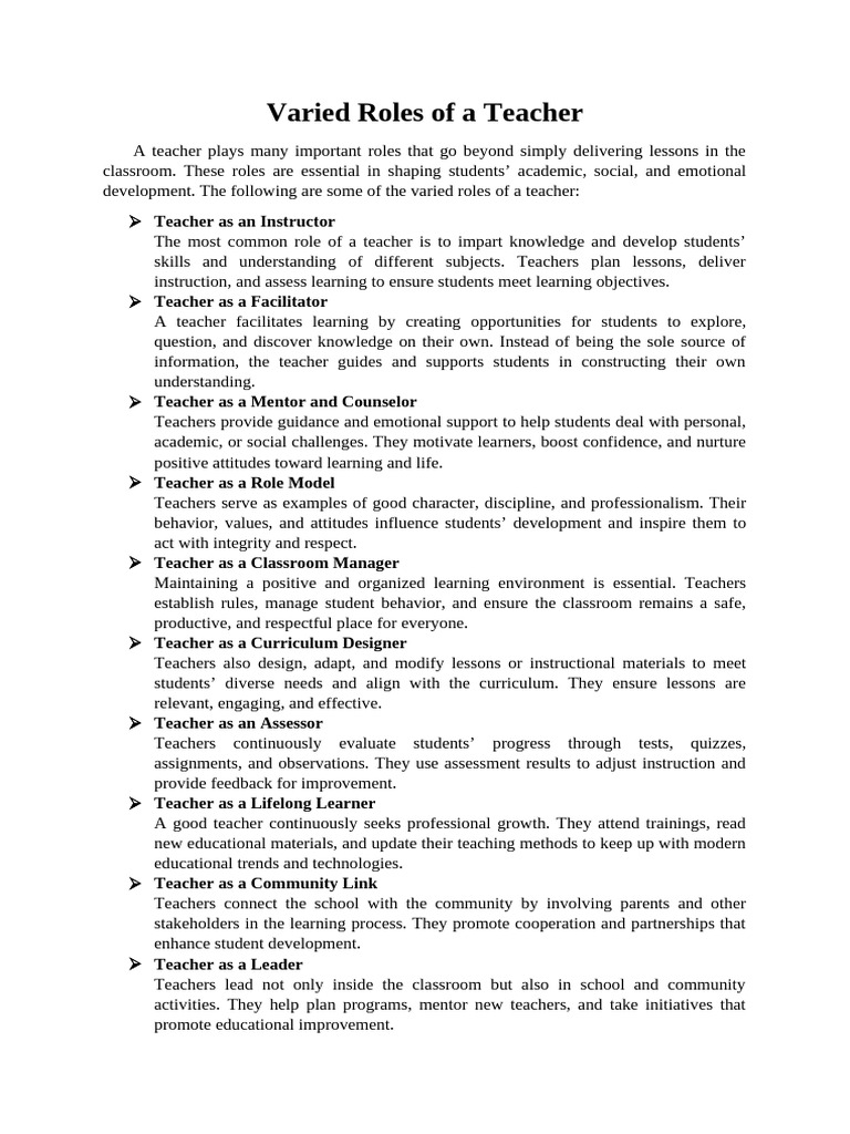 Varied Roles of a Teacher | PDF | Teachers | Learning