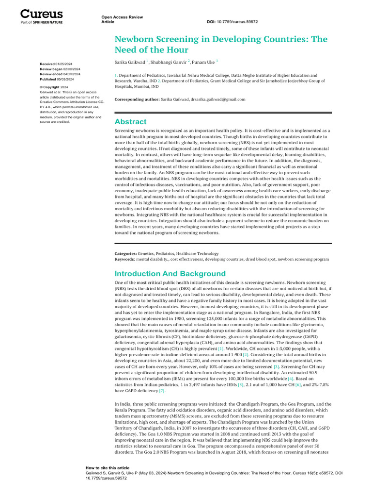 Newborn Screening in Developing Nations | PDF | Diseases And Disorders ...