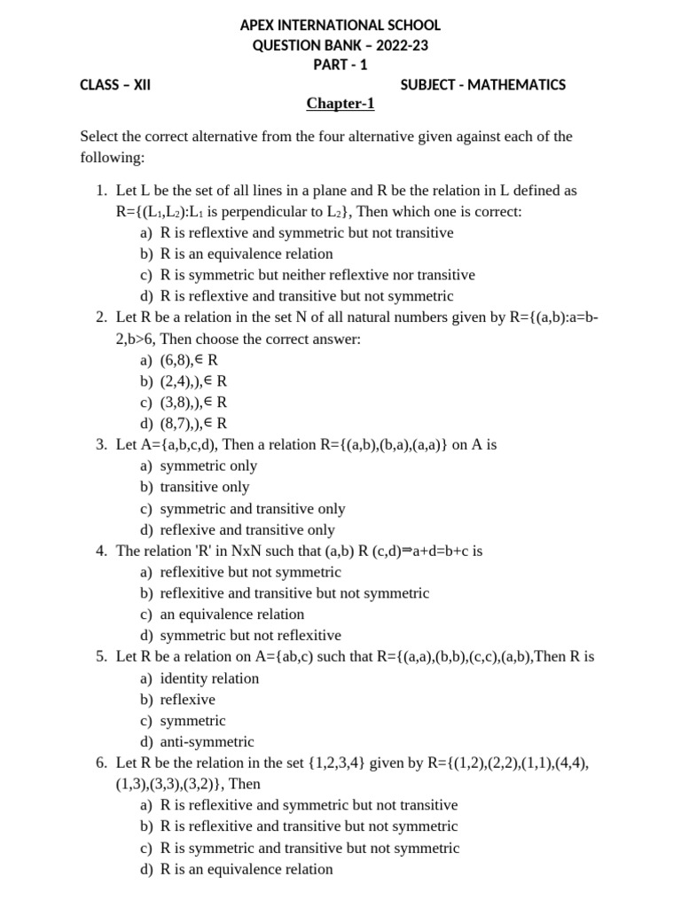 Maths - XII Question Bank Part 1 (Chapter 1to 6) | PDF | Chess | Chess ...