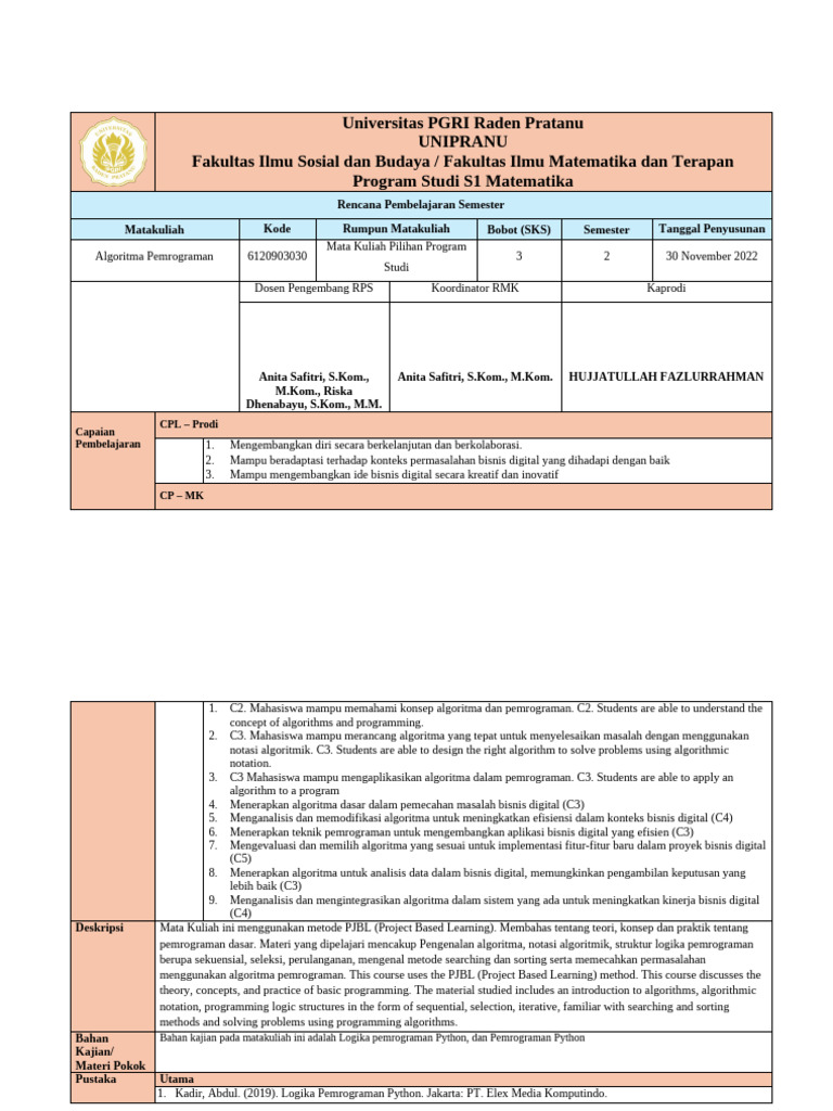Template 6. RPS OBE Algoritma Pemrograman | PDF