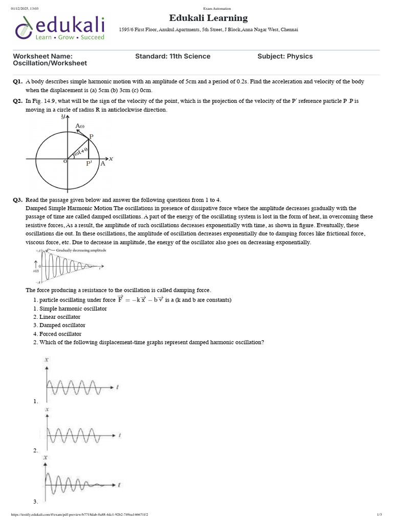 Simple Harmonic Motion Worksheet | PDF | Oscillation | Damping