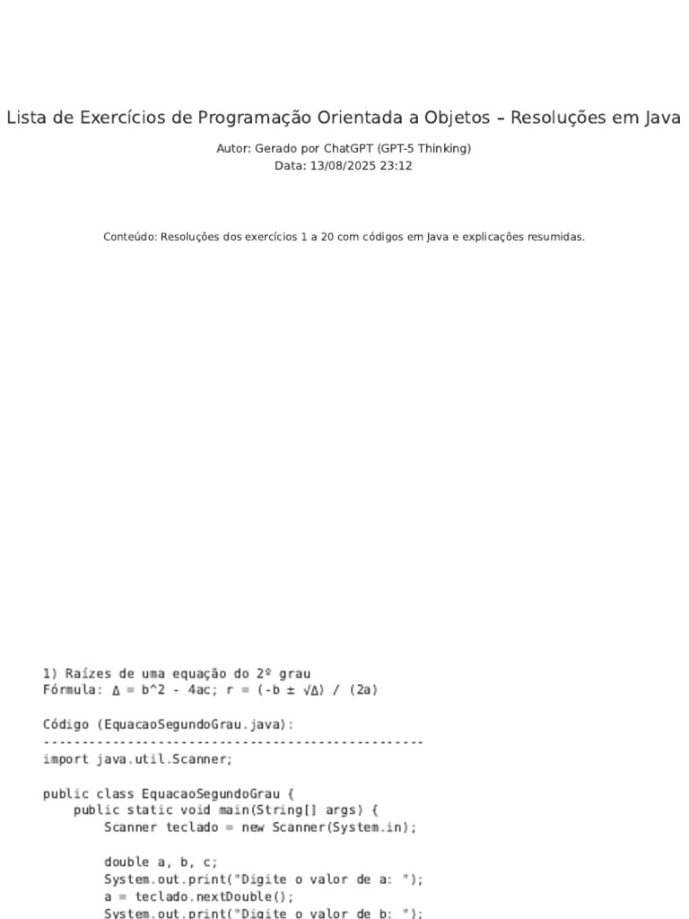 Exercícios de POO em Java: Resoluções | PDF | Java (linguagem de ...