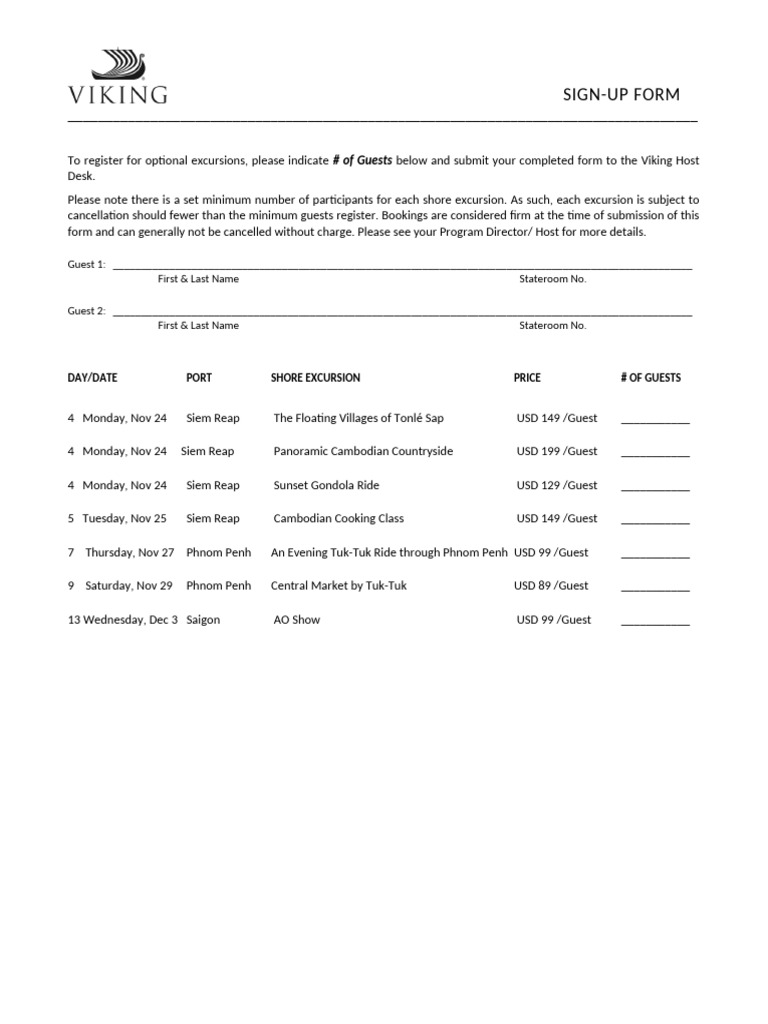 Excursion Sign-Up Form for Guests | PDF