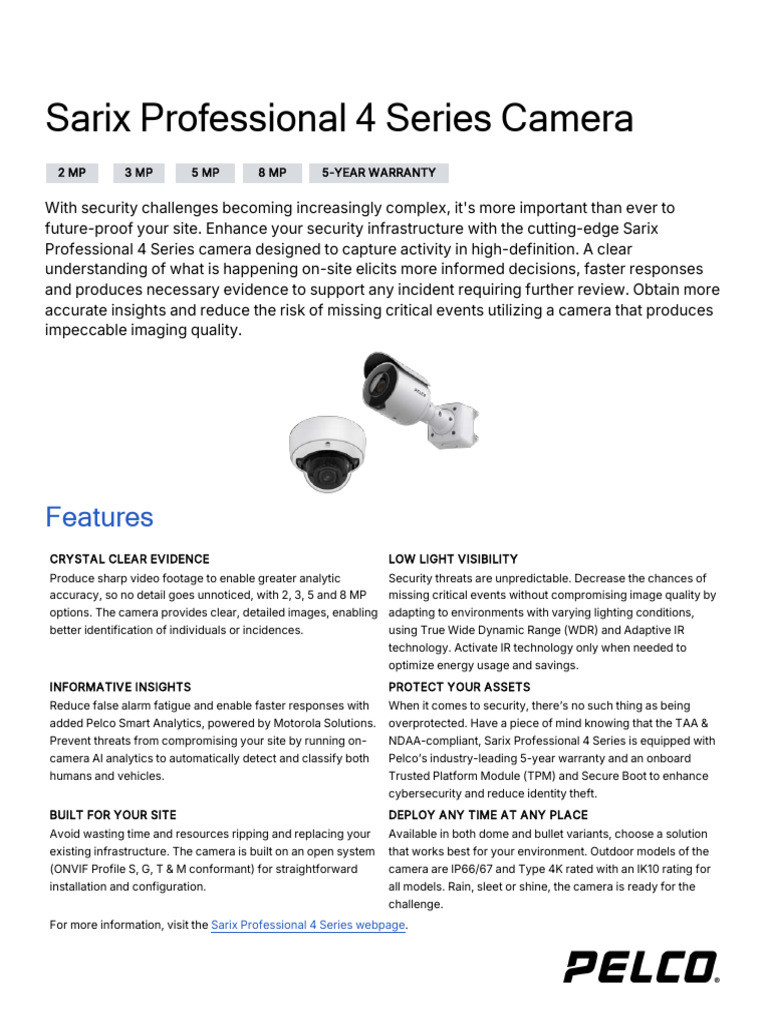 Pelco Sarix Pro 4 Specification Sheet en | PDF | Frame Rate | Camera Lens