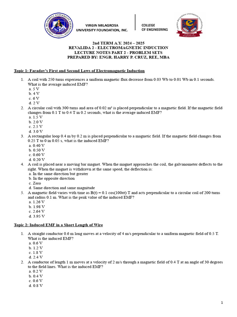 Revalida 2 Electromagnetic Induction 4 Hours Problem Sets Final Version ...