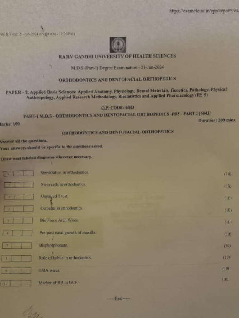MDS Orthodontics Exam Paper - Applied Sciences | PDF | Orthodontics