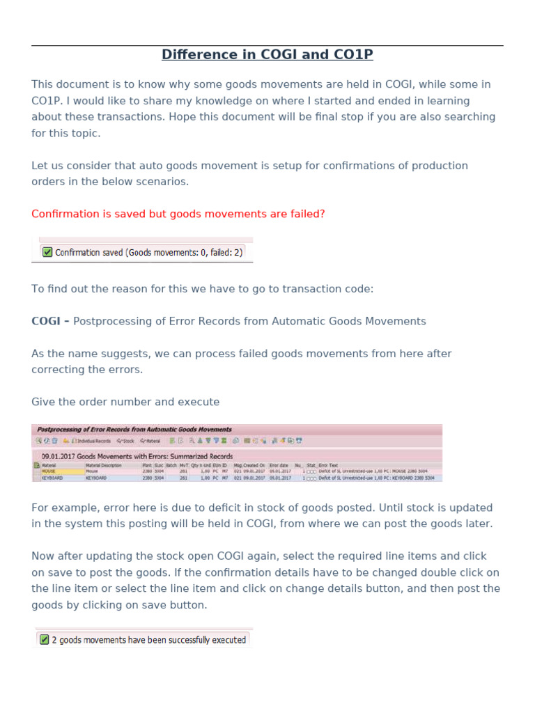 COGI vs CO1P: Understanding Goods Movements | PDF | Software ...
