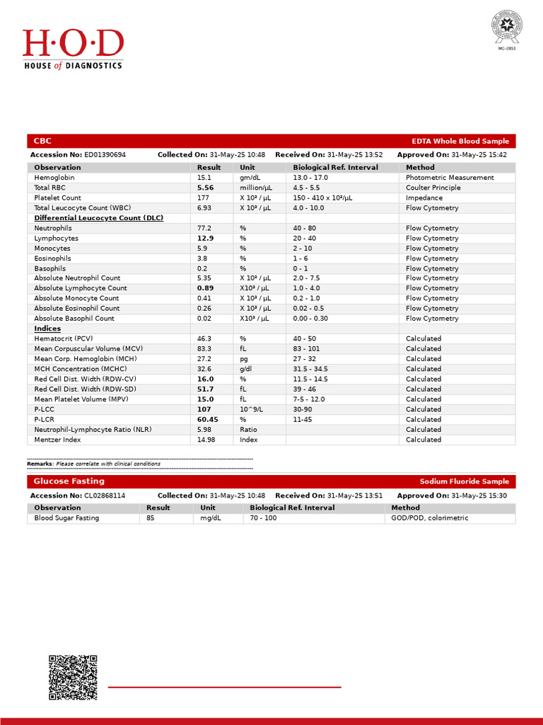 CBC and Glucose-Lipid Profile Report | PDF | Cholesterol | High Density ...