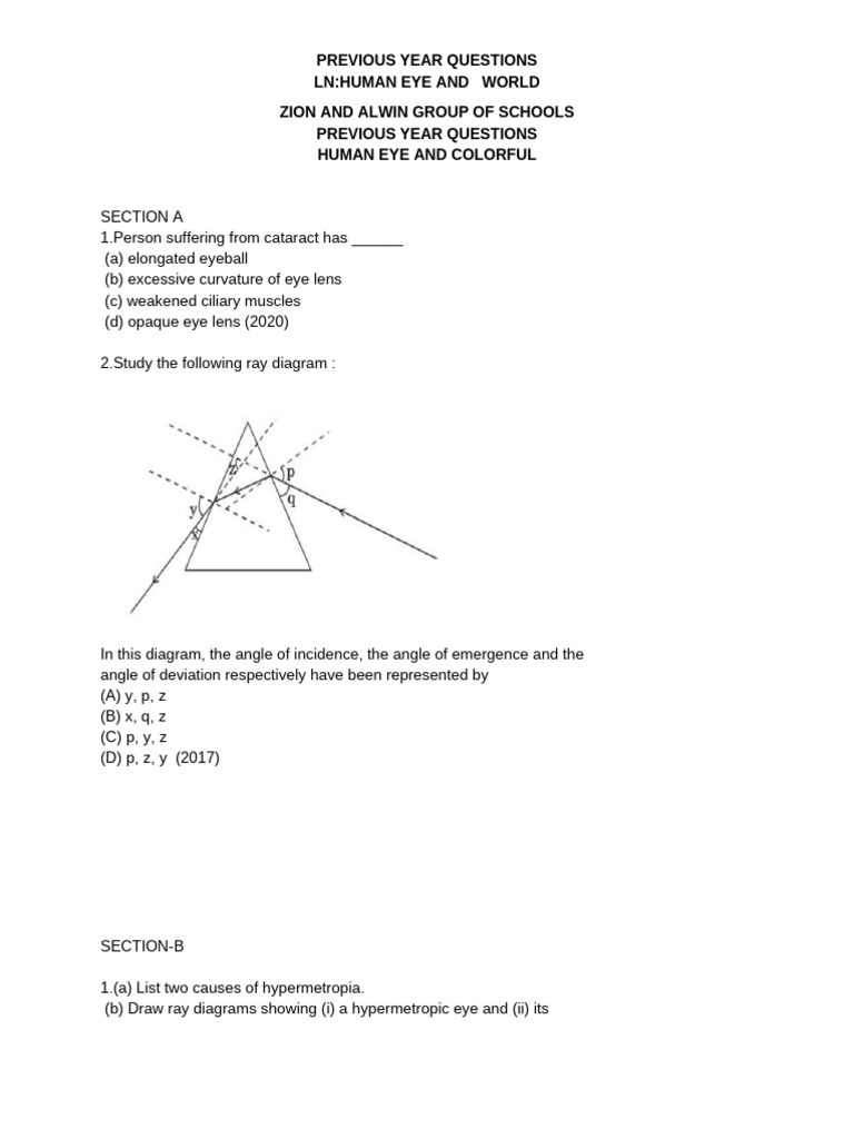 Human Eye: Previous Year Questions | PDF | Human Eye | Eye