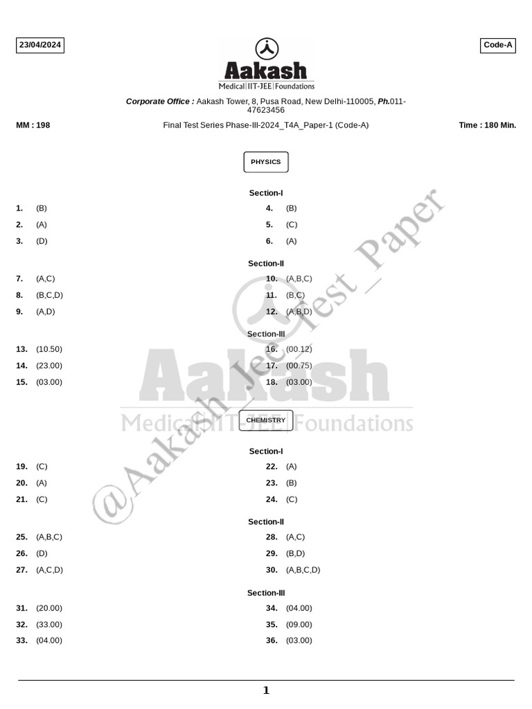 Final Test Series 2024: Physics, Chemistry, Math | PDF | Applied And ...