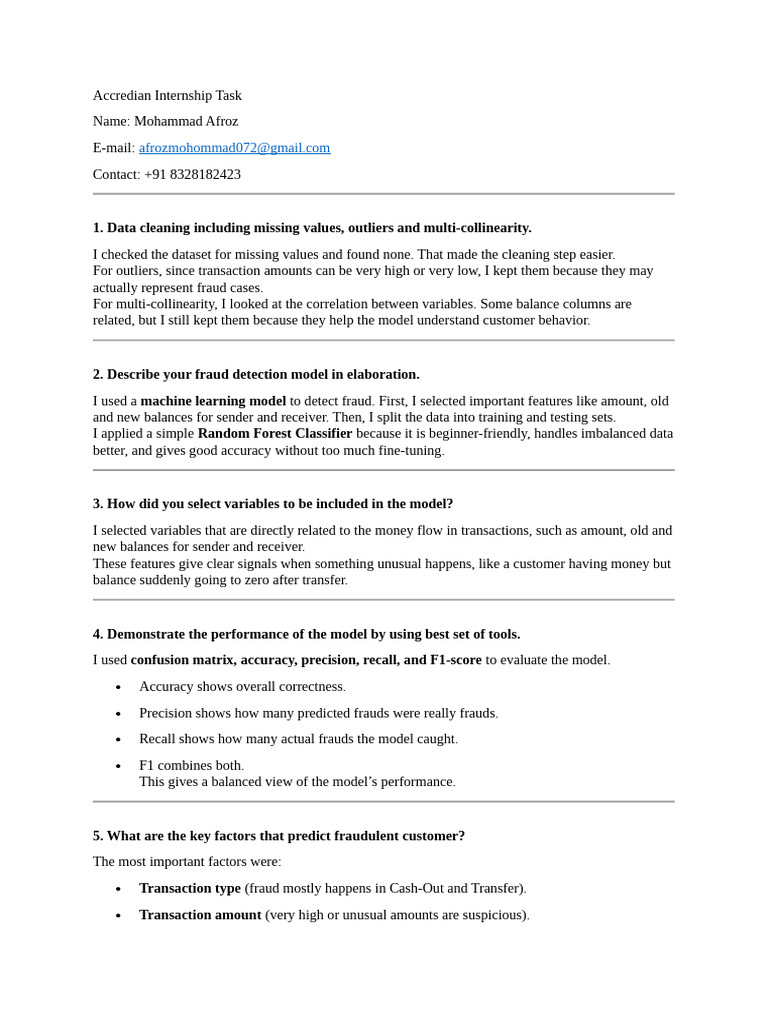 Fraud Detection Model Internship Report | PDF | Cognitive Science ...