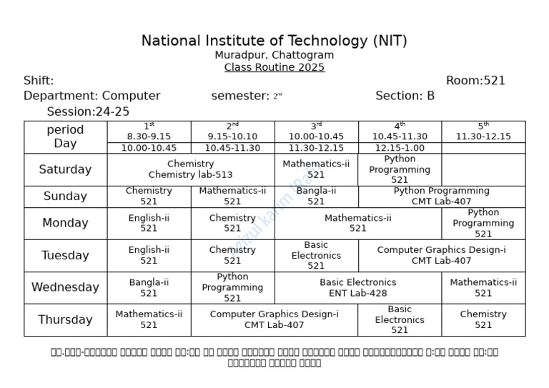 NIT Chattogram Computer Class Routine 2025 | PDF