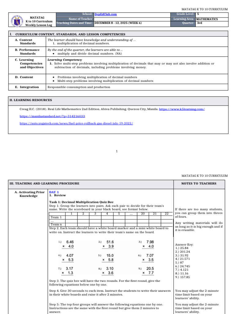 Grade 5 Decimal Multiplication Lesson Plan | PDF | Multiplication ...