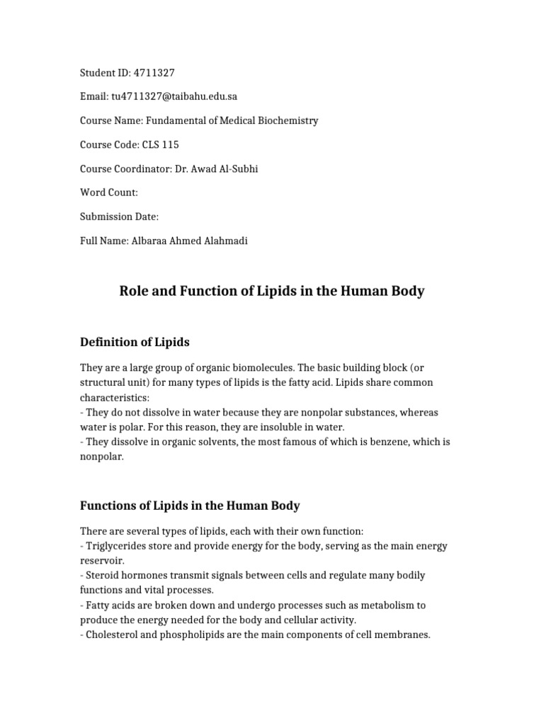 Role and Function of Lipids Formattedhdhdhd | PDF | Lipid | Fat