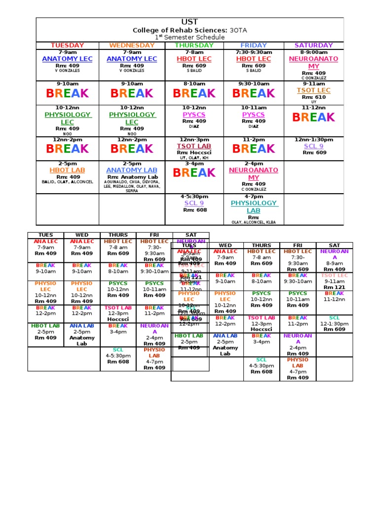 UST Rehab Sciences 1st Sem Schedule | PDF | Wellness