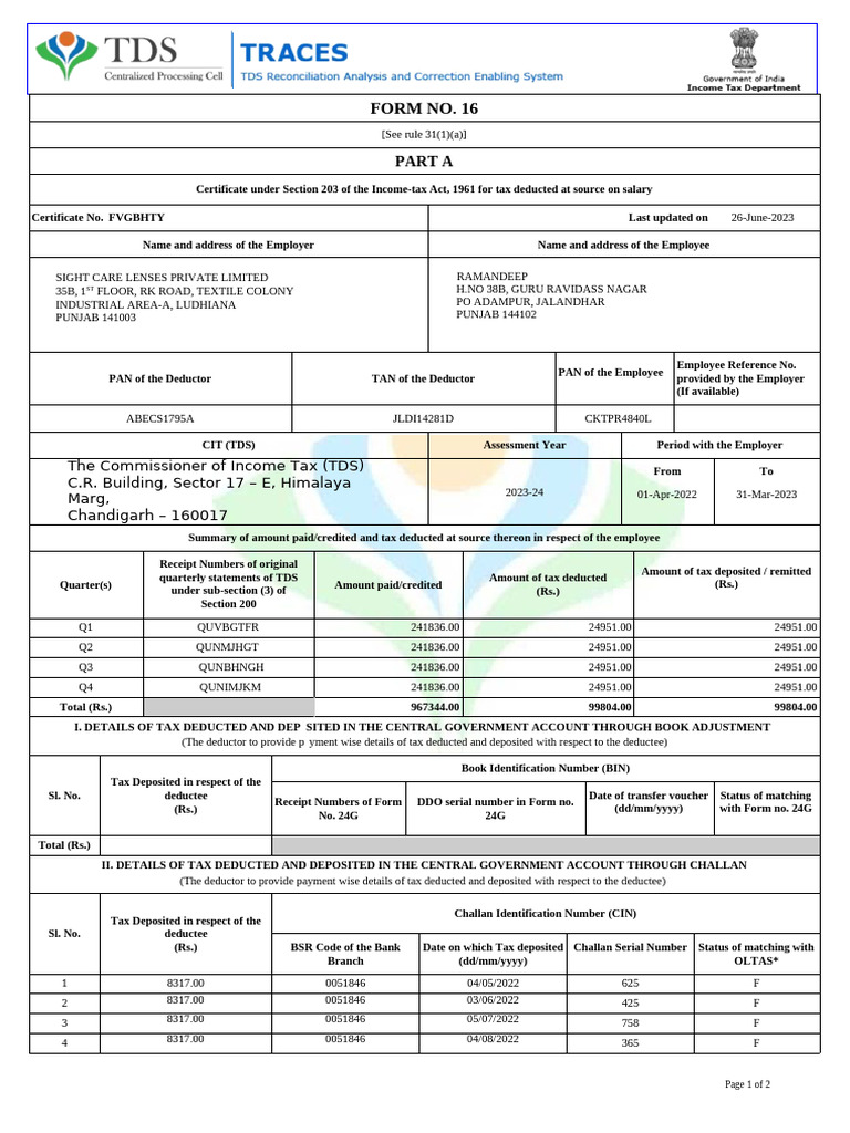 FORM 16 2023-24 | PDF | Tax Deduction | Pension
