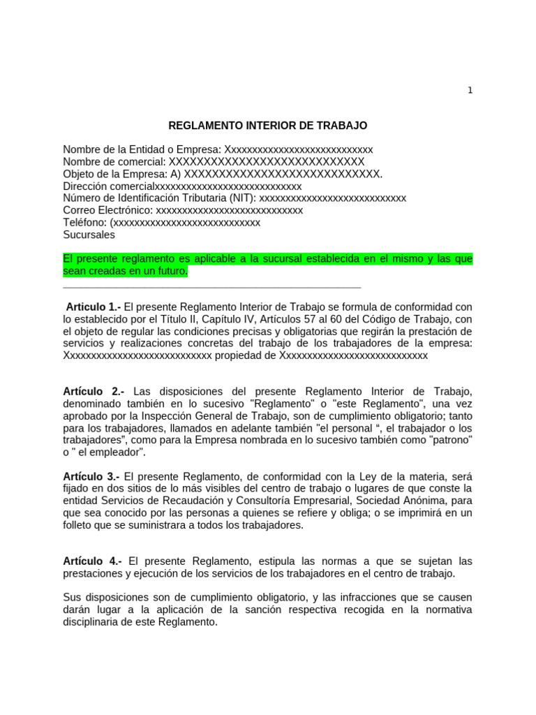 Reglamento Interior de Trabajo 2020 EJEMPLO BORIS | PDF | Salario ...