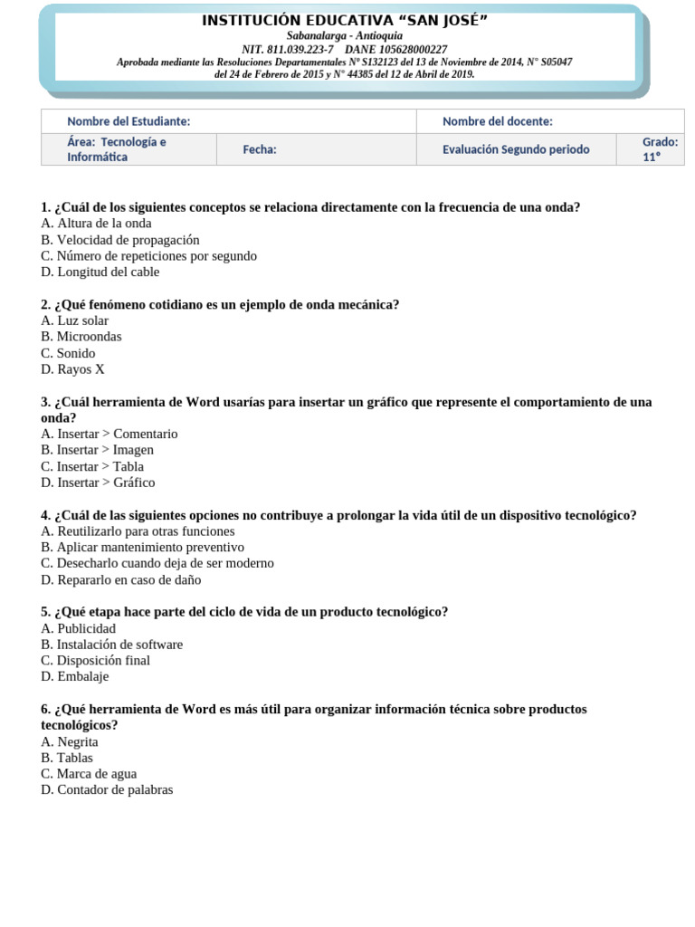 Evaluacion de Tecnologia Grado 11 | PDF | Olas | Informática