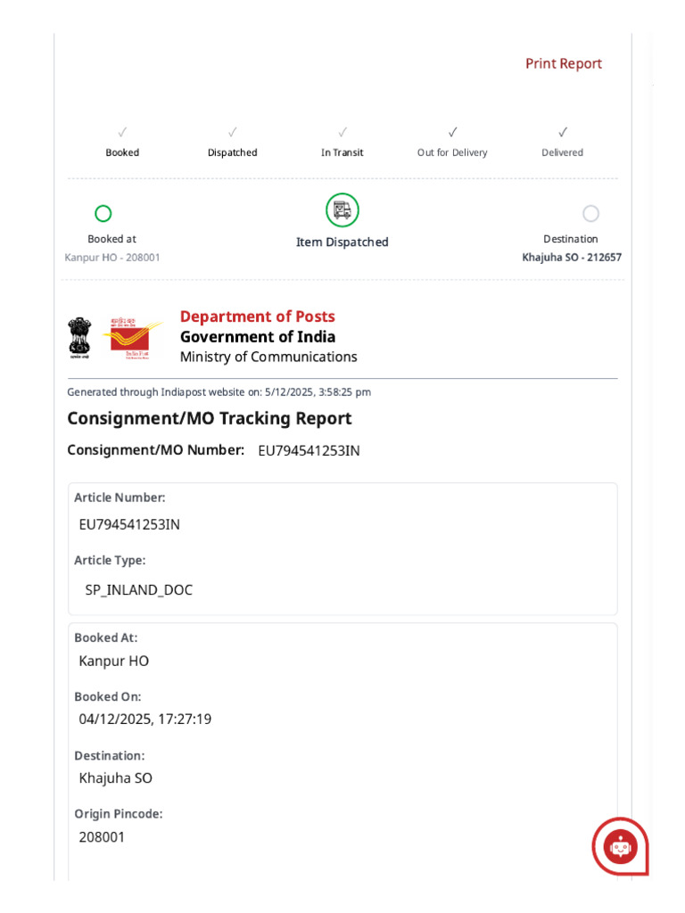 India Post Consignment Tracking Report | PDF