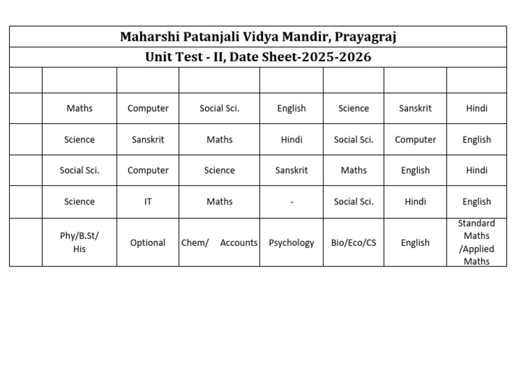Maharshi Patanjali Unit Test II Schedule | PDF