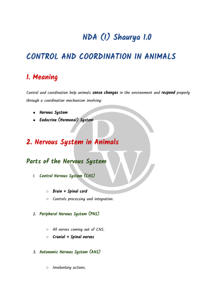 Animal Control and Coordination Systems | PDF | Central Nervous System ...