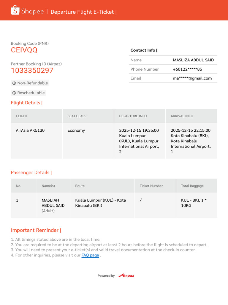 AirAsia Flight E-Ticket Details | PDF