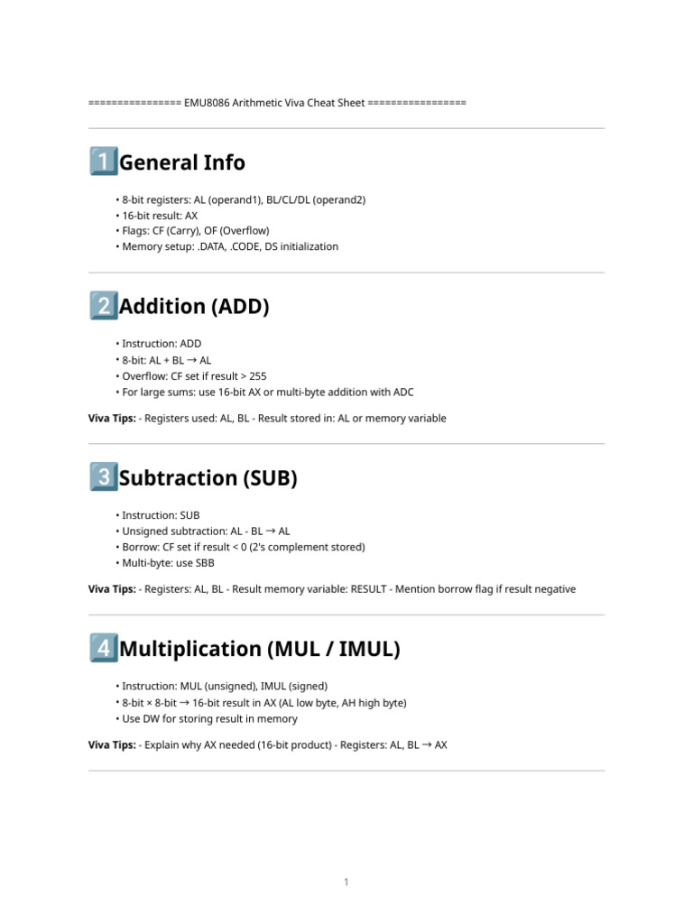 EMU8086 Arithmetic Cheat Sheet | PDF