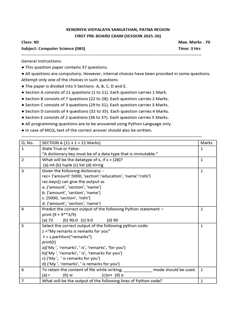 Class XII Computer Science Pre-Board Exam | PDF | Computer Programming ...